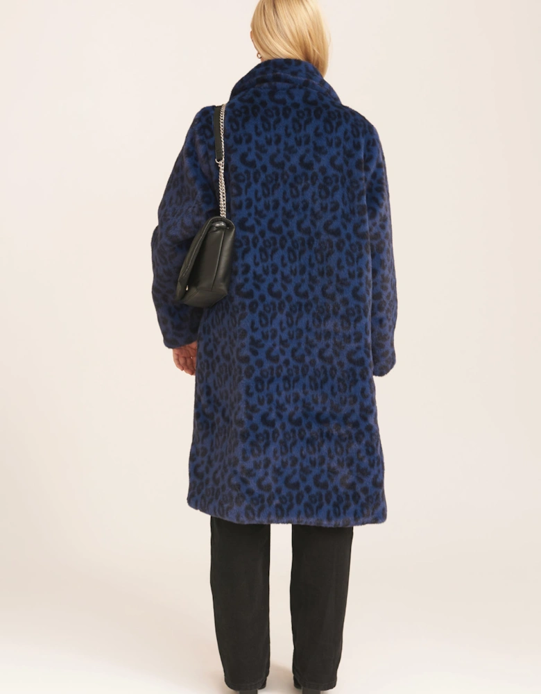 Navy Leopard Double Breasted Longline Faux Fur Coat