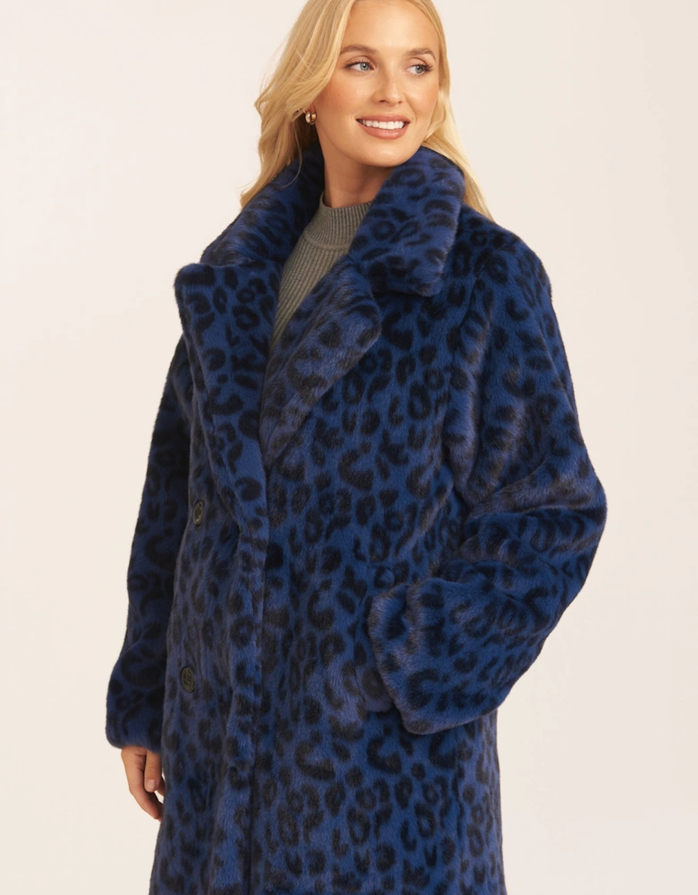 Navy Leopard Double Breasted Longline Faux Fur Coat