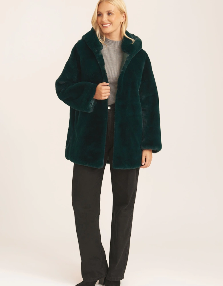 Emerald Green Hooded Long Sleeve Faux Fur Jacket