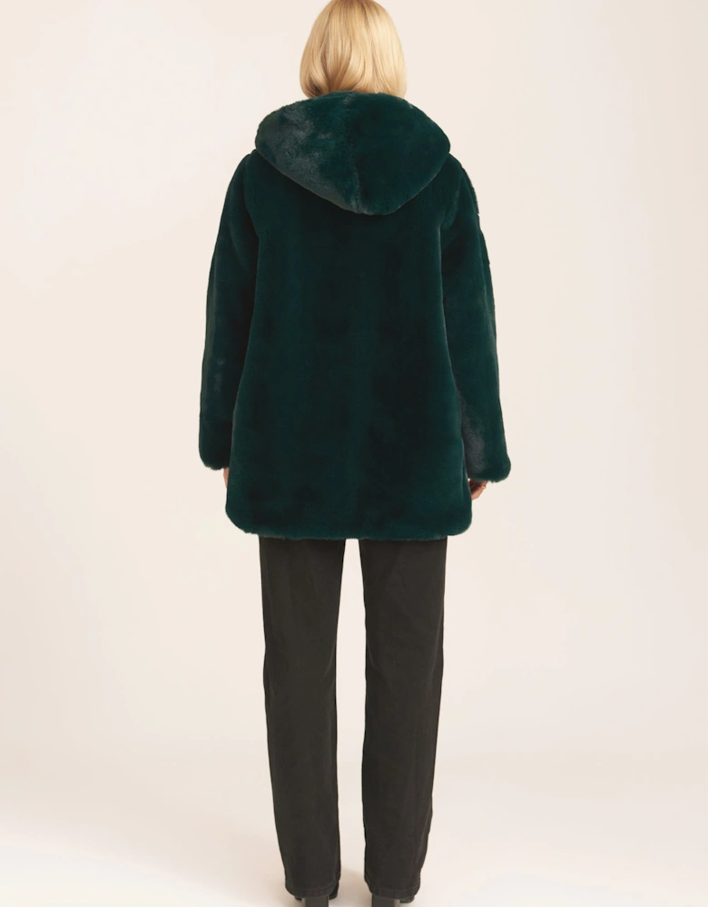 Emerald Green Hooded Long Sleeve Faux Fur Jacket