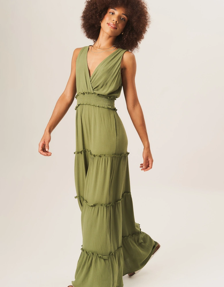 Khaki Shirred Waist Wrap Tiered Midi Dress