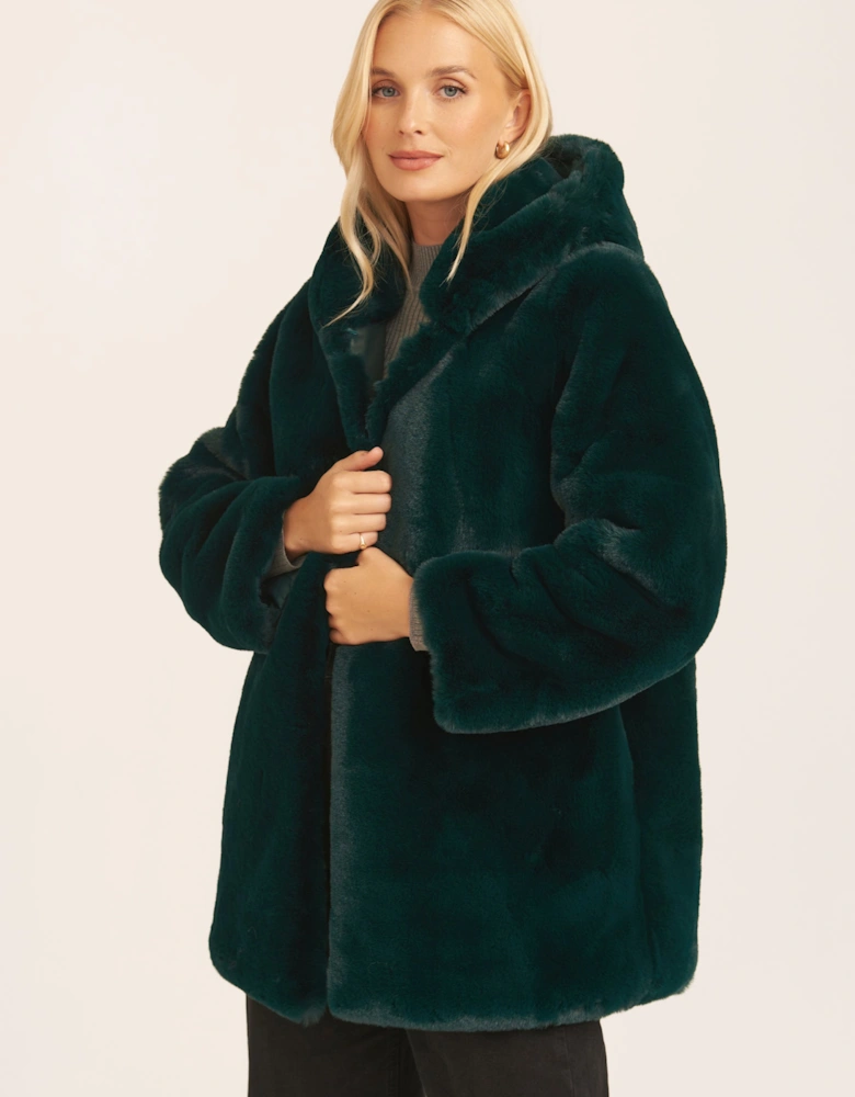 Emerald Green Hooded Long Sleeve Faux Fur Jacket