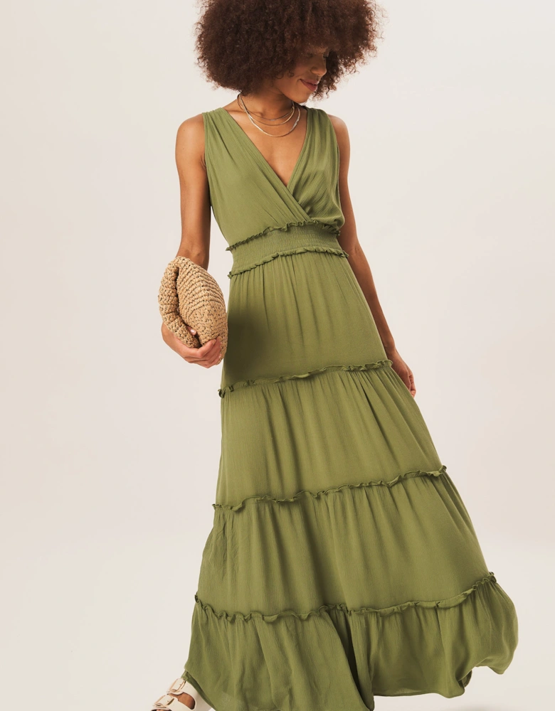 Khaki Shirred Waist Wrap Tiered Midi Dress