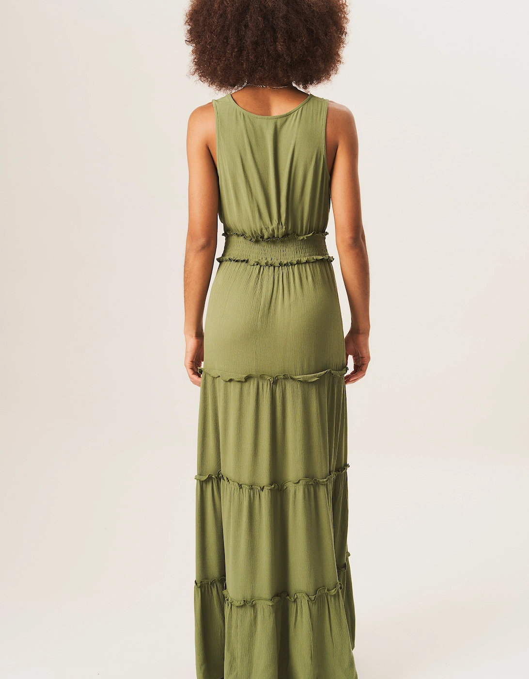 Khaki Shirred Waist Wrap Tiered Midi Dress