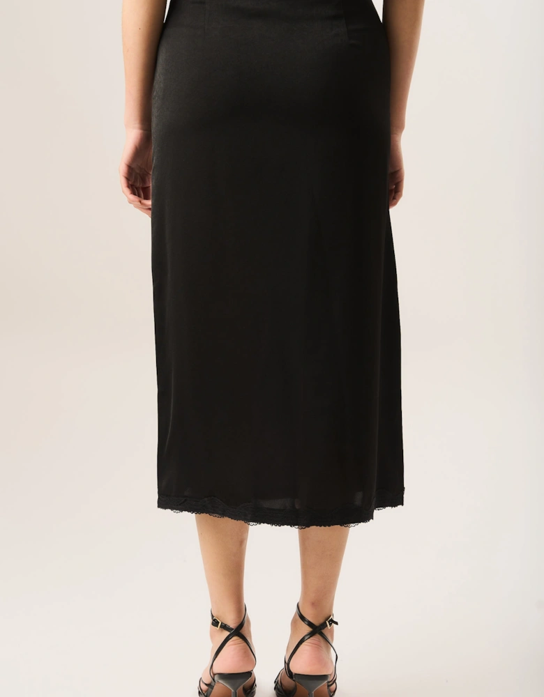 Black Satin Side Split Lace Trim Midi Skirt