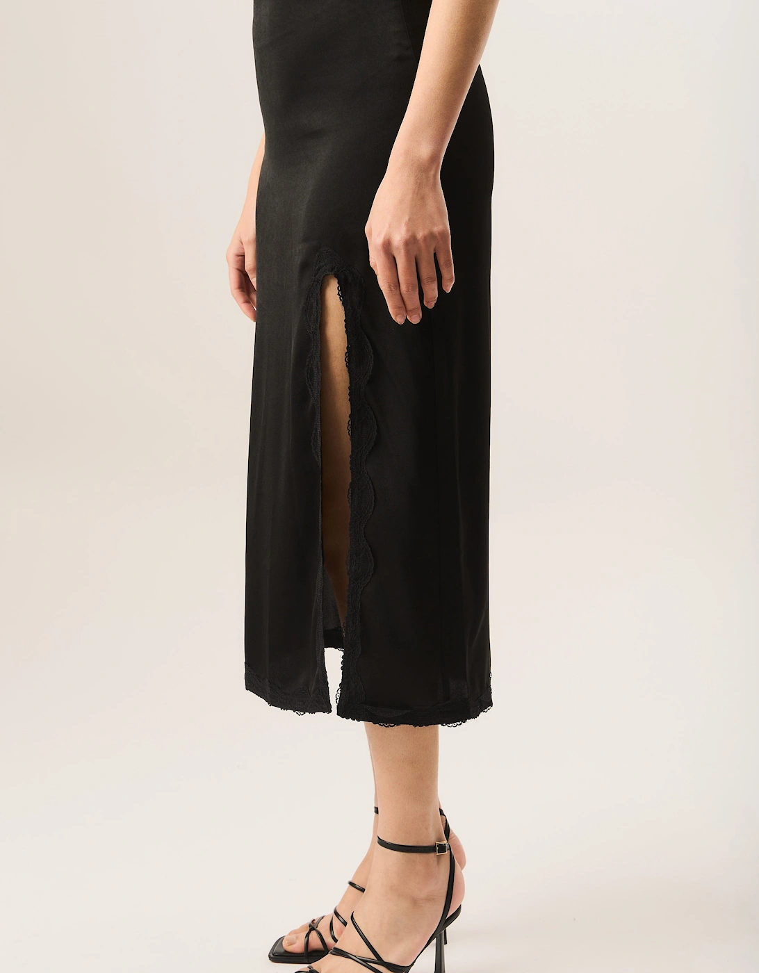 Black Satin Side Split Lace Trim Midi Skirt