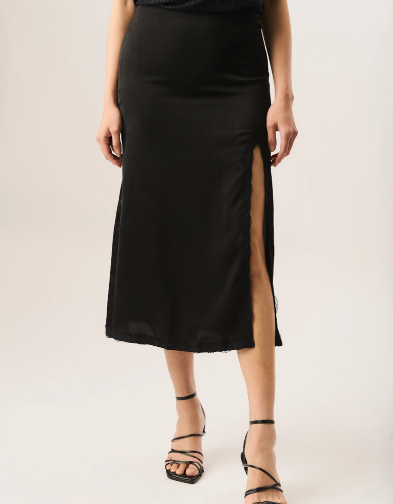 Black Satin Side Split Lace Trim Midi Skirt