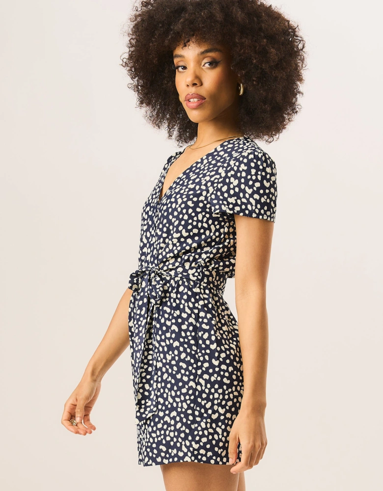 Blue Animal Print Belted Wrap Playsuit