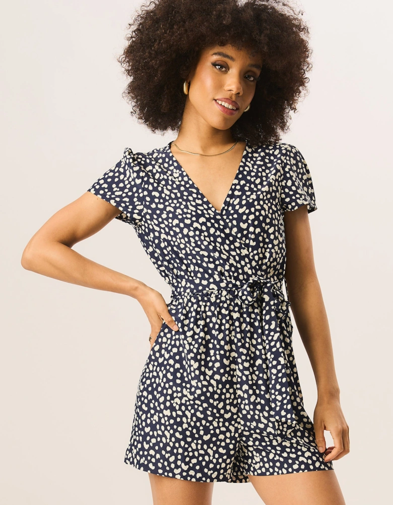 Blue Animal Print Belted Wrap Playsuit