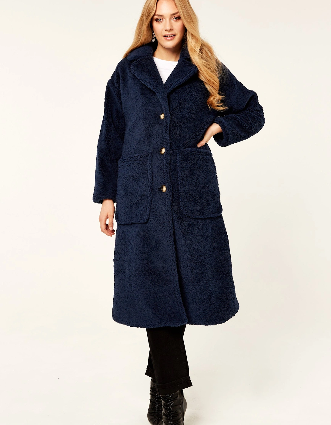 Gini London Women's Navy Longline Teddy Coat - Size: 12/14