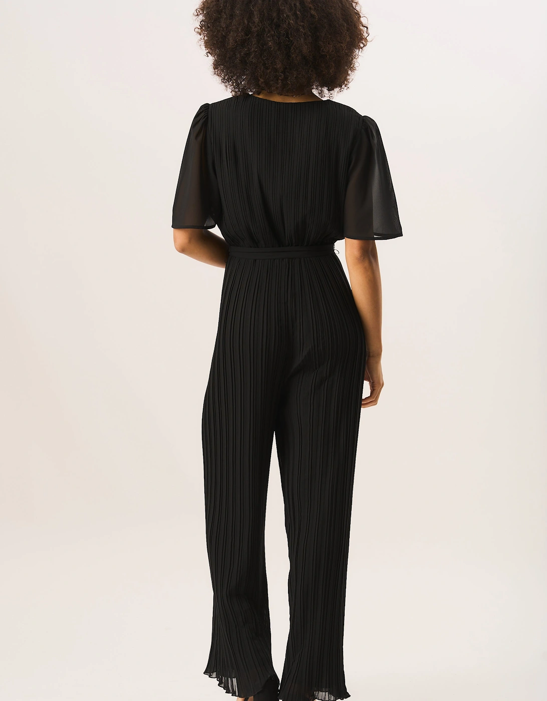 Black Angel Sleeves Pleated Belted Wrap Jumpsuit