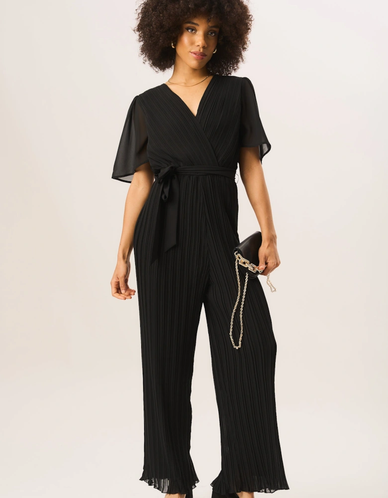 Black Angel Sleeves Pleated Belted Wrap Jumpsuit