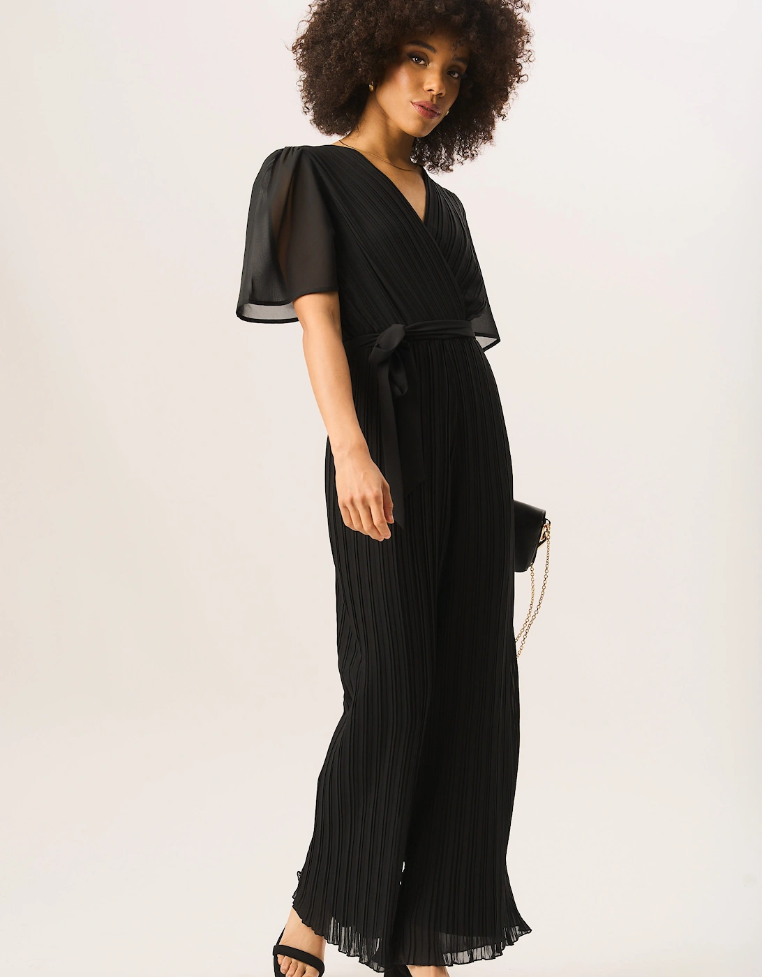 Black Angel Sleeves Pleated Belted Wrap Jumpsuit