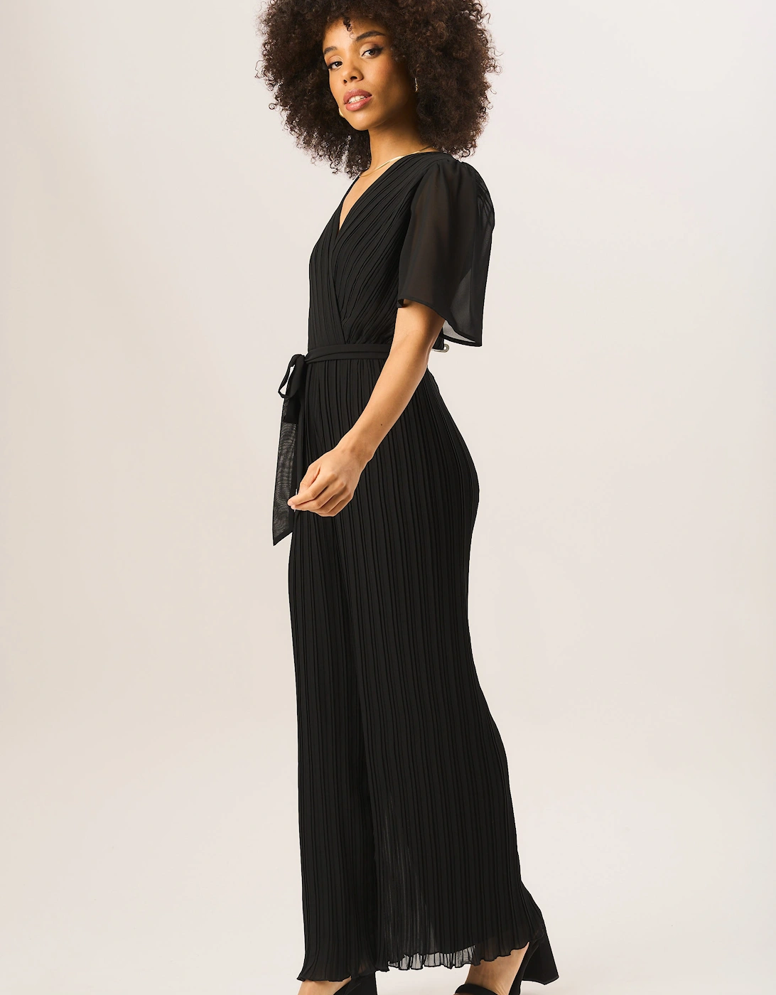 Black Angel Sleeves Pleated Belted Wrap Jumpsuit