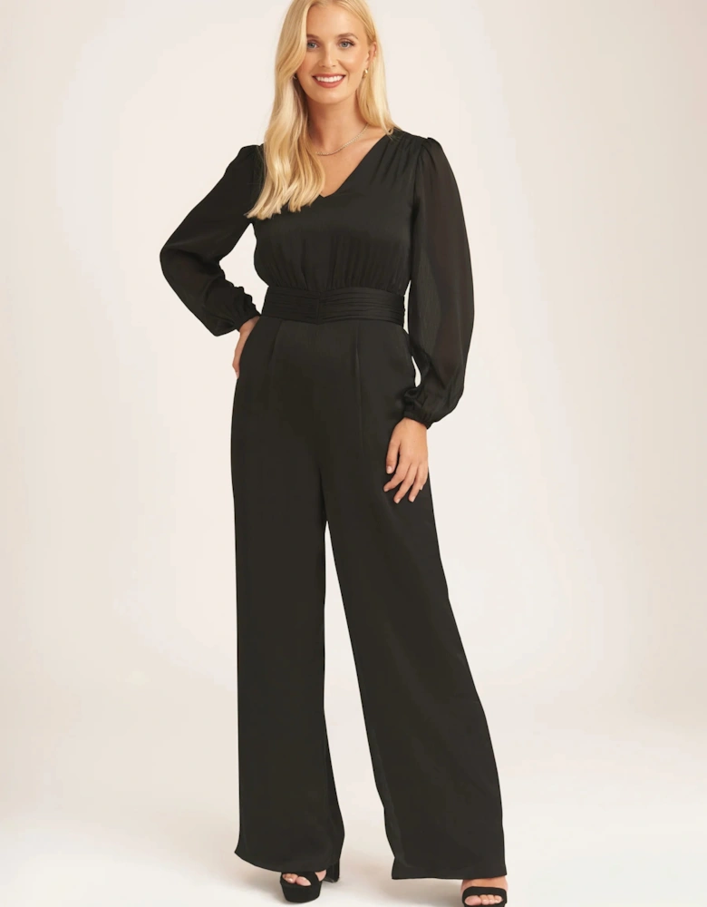 Black Satin V Neck Ruched Waist Belted Jumpsuit