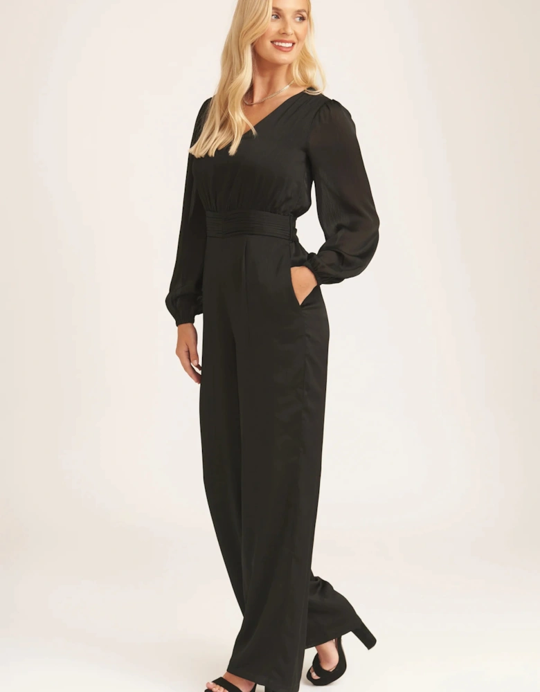 Black Satin V Neck Ruched Waist Belted Jumpsuit