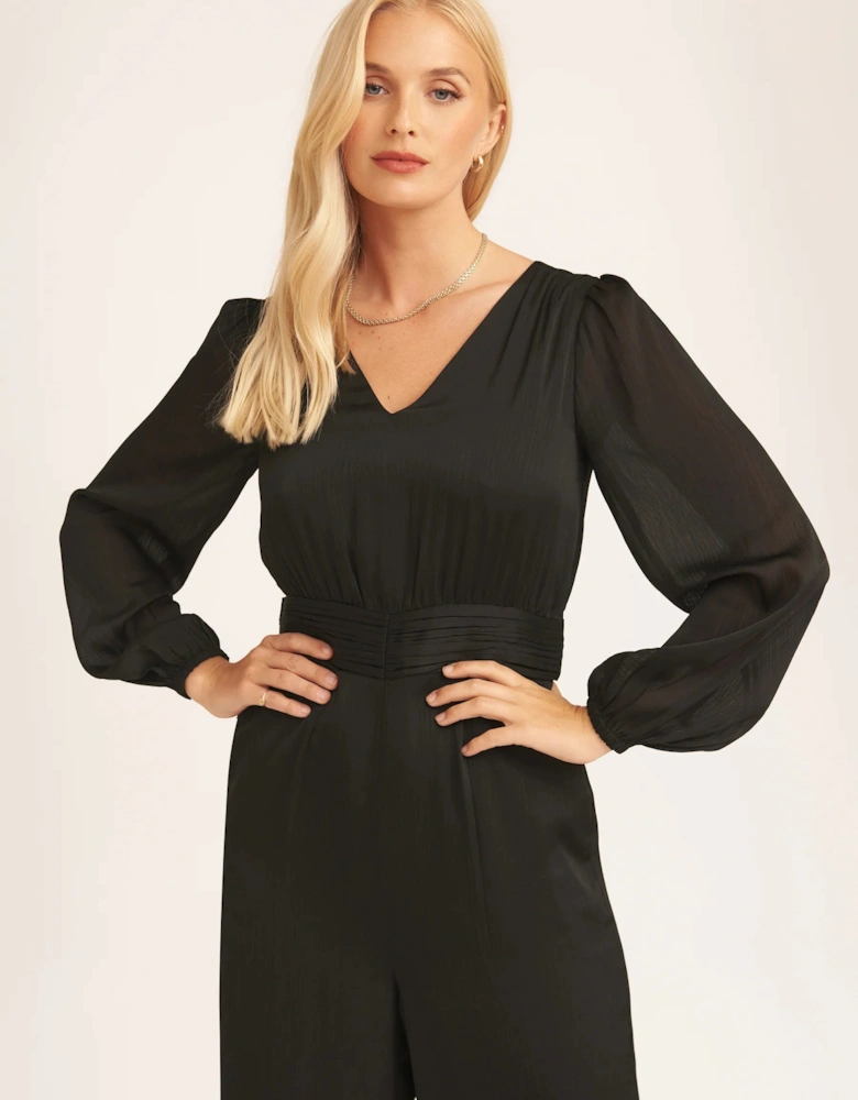 Black Satin V Neck Ruched Waist Belted Jumpsuit