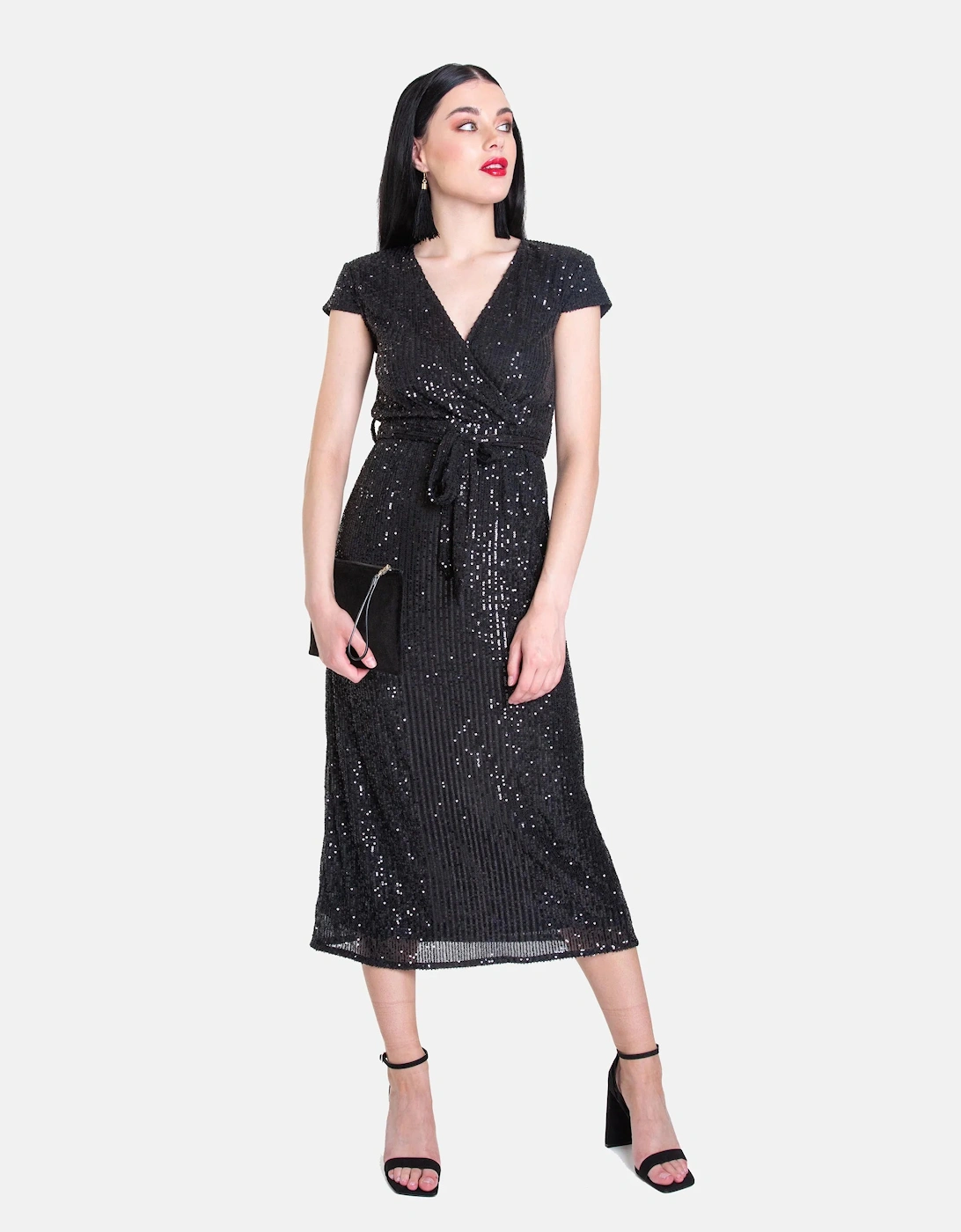 Gini London Women's Black Sequin Belted Midi Wrap Dress - Size: 8