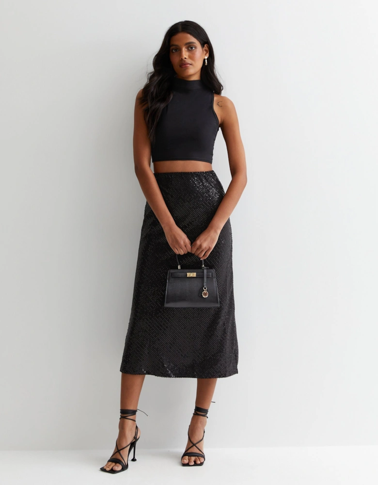 Black Sequin Bias Midi Skirt