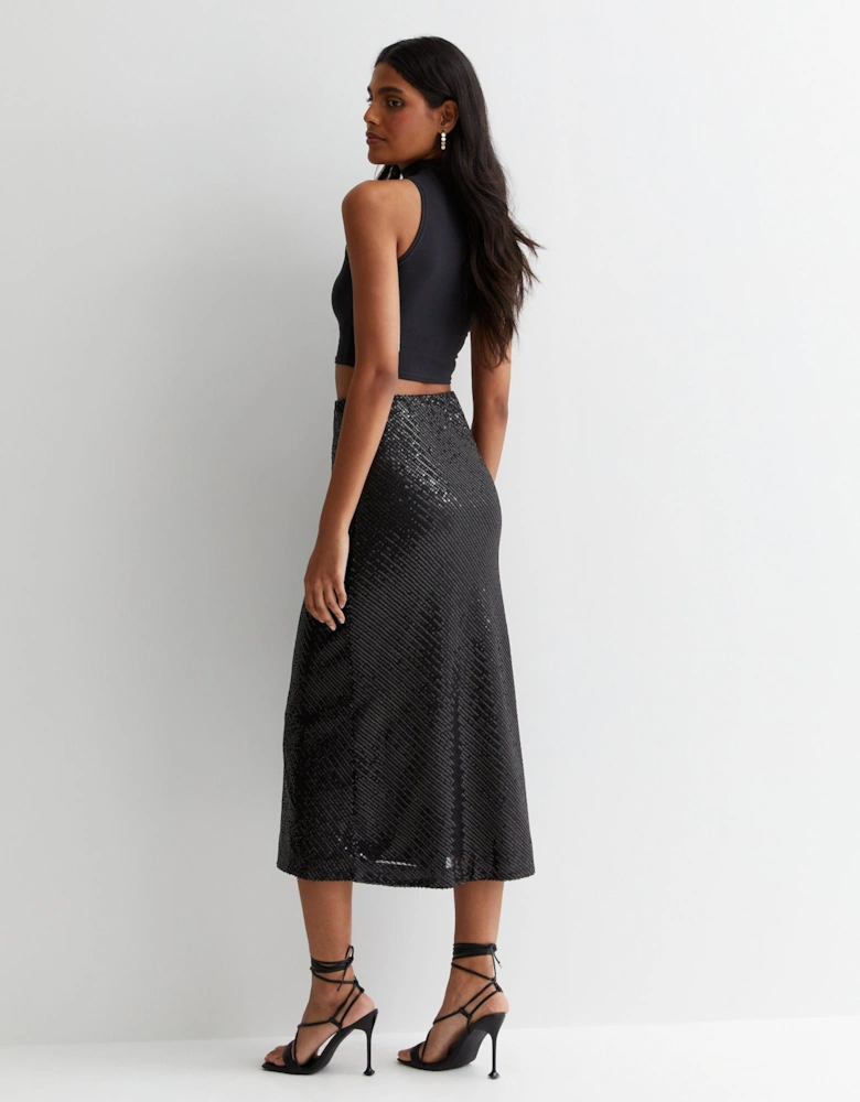 Black Sequin Bias Midi Skirt