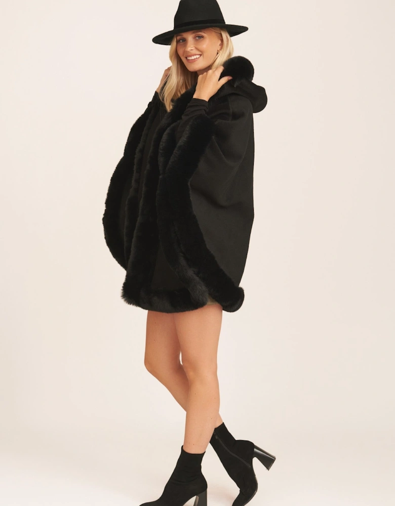 Black Soft Fur Trim Hooded Oversized Cape