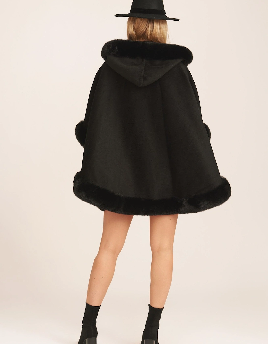 Black Soft Fur Trim Hooded Oversized Cape