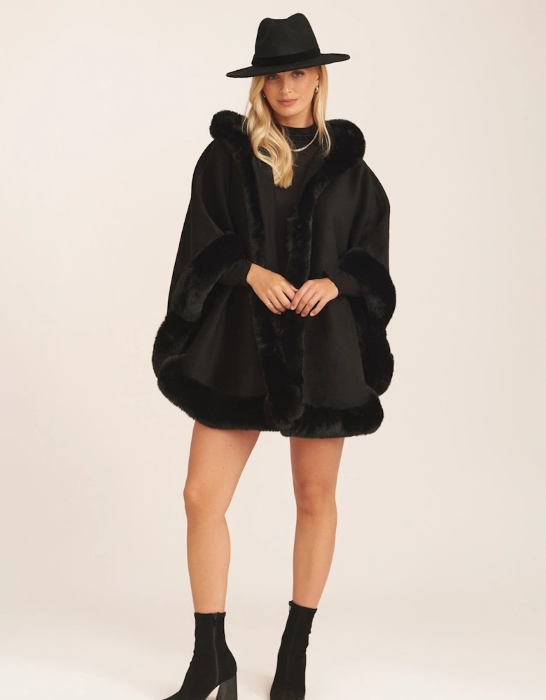 Black Soft Fur Trim Hooded Oversized Cape