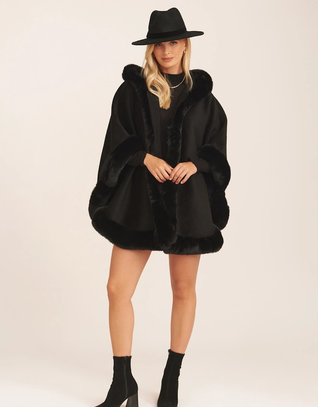 Black Soft Fur Trim Hooded Oversized Cape