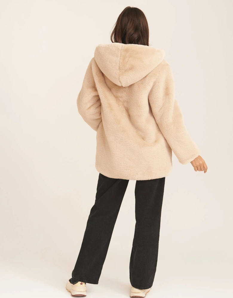 Stone Hooded Long Sleeve Faux Fur Jacket