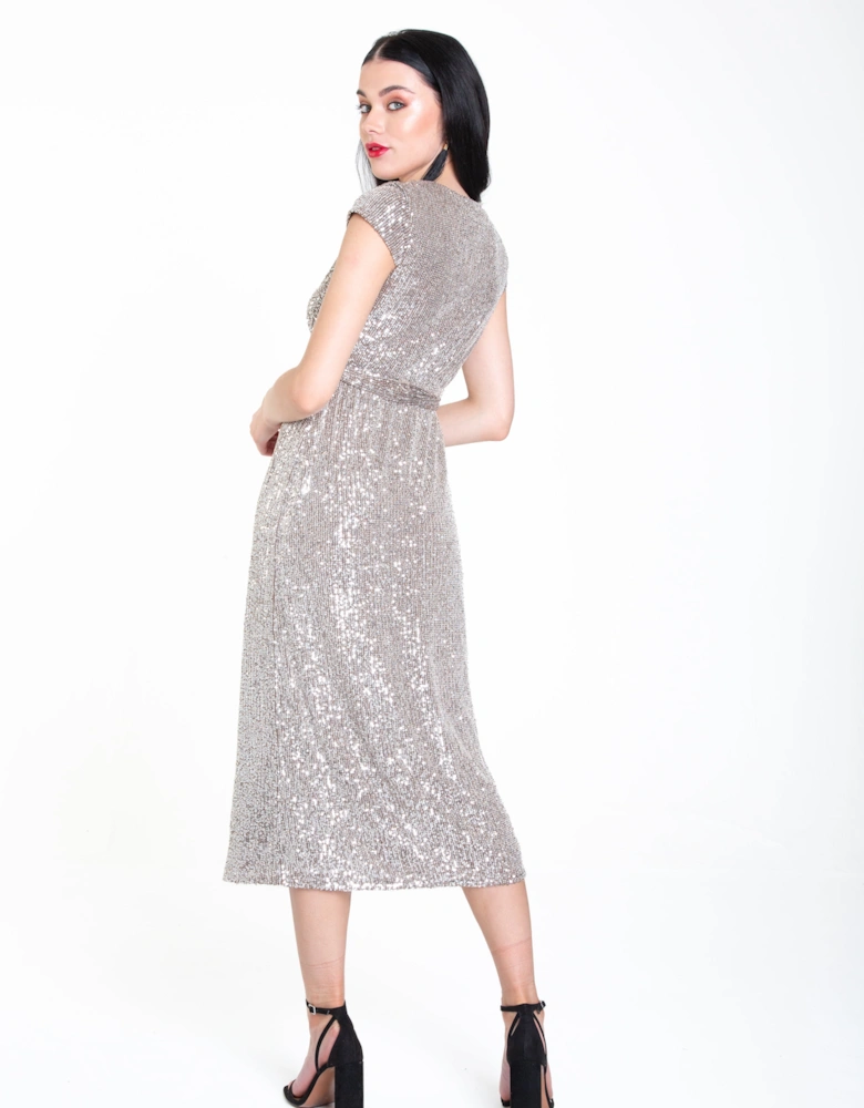 Gun Metal Sequin Belted Midi Wrap Dress