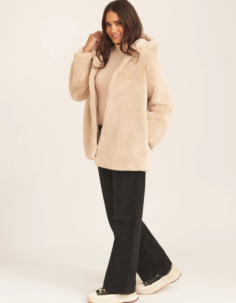 Stone Hooded Long Sleeve Faux Fur Jacket