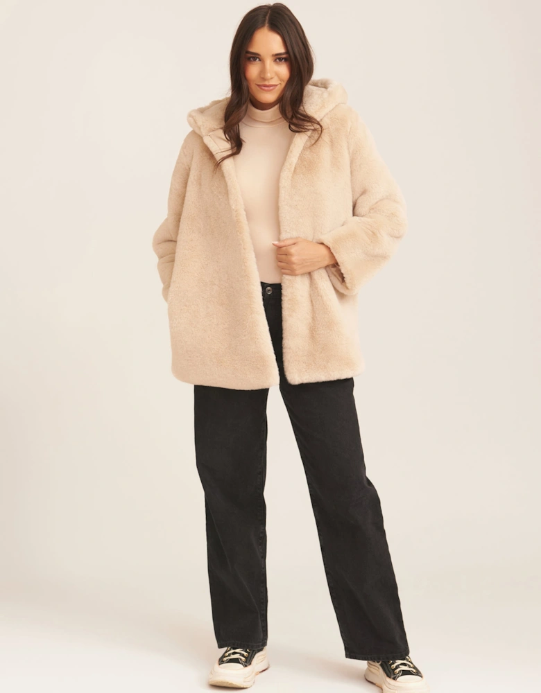 Stone Hooded Long Sleeve Faux Fur Jacket