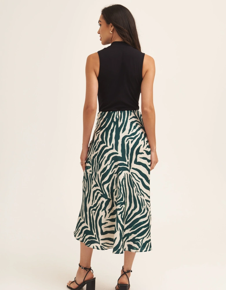 Green Animal Print Satin Bias Cut Midi Skirt