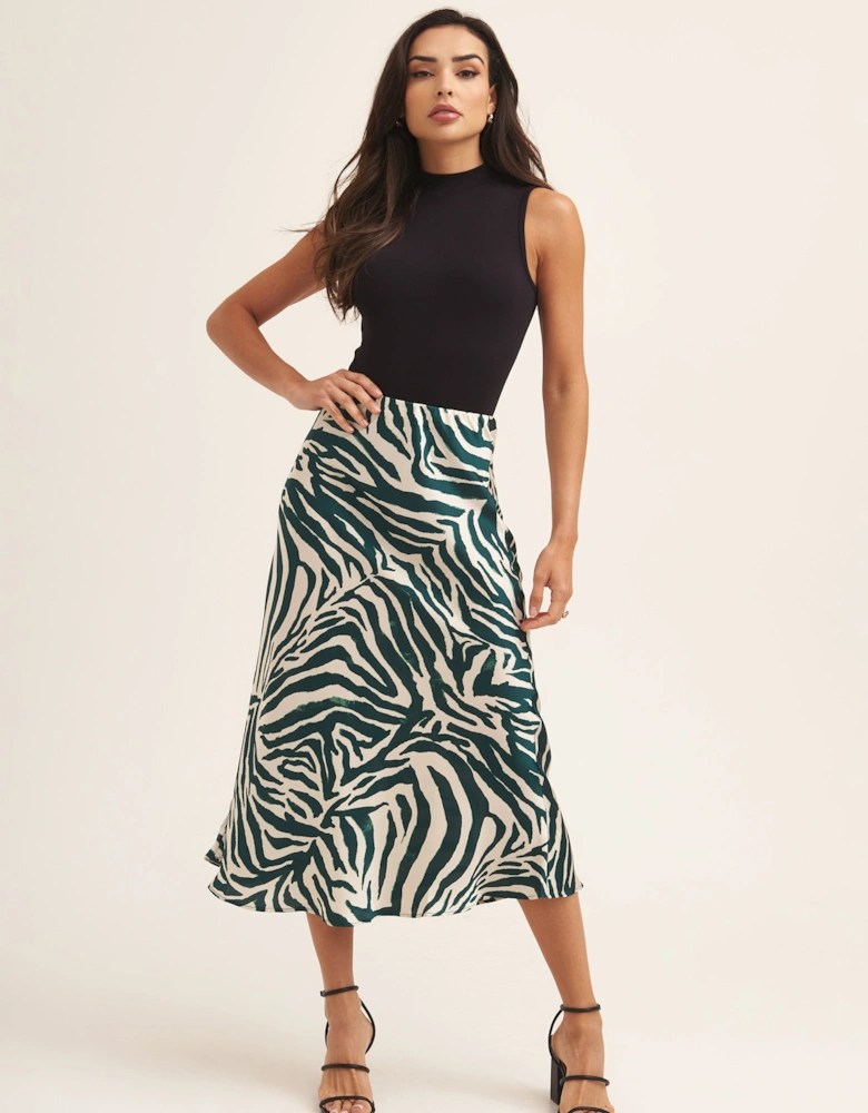 Green Animal Print Satin Bias Cut Midi Skirt