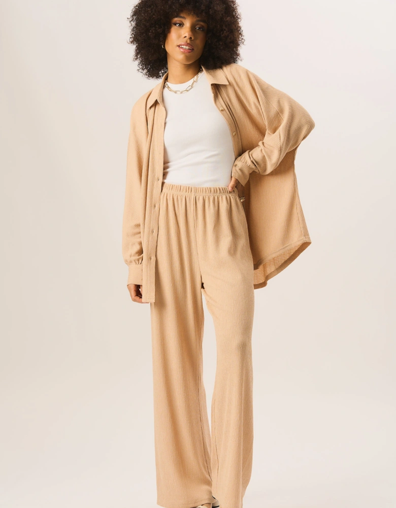 Camel Textured Pull On Wide Leg Trousers