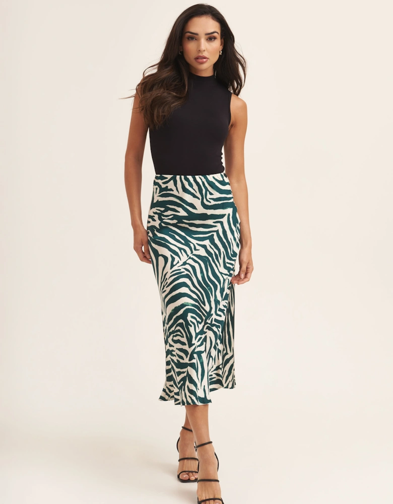 Green Animal Print Satin Bias Cut Midi Skirt