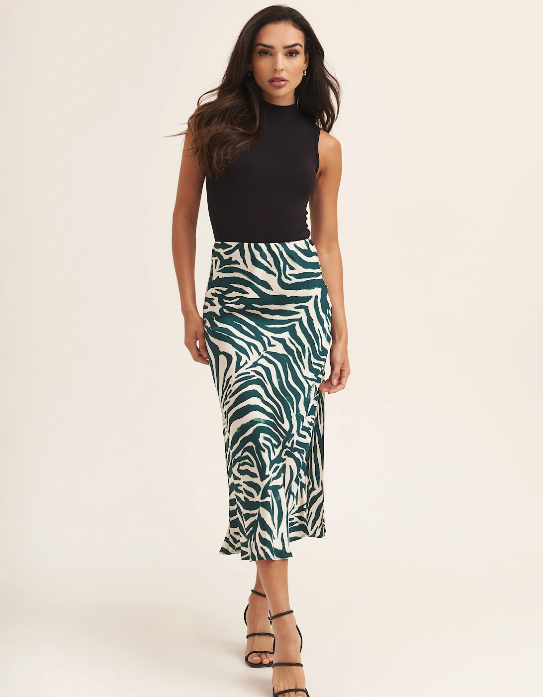 Green Animal Print Satin Bias Cut Midi Skirt