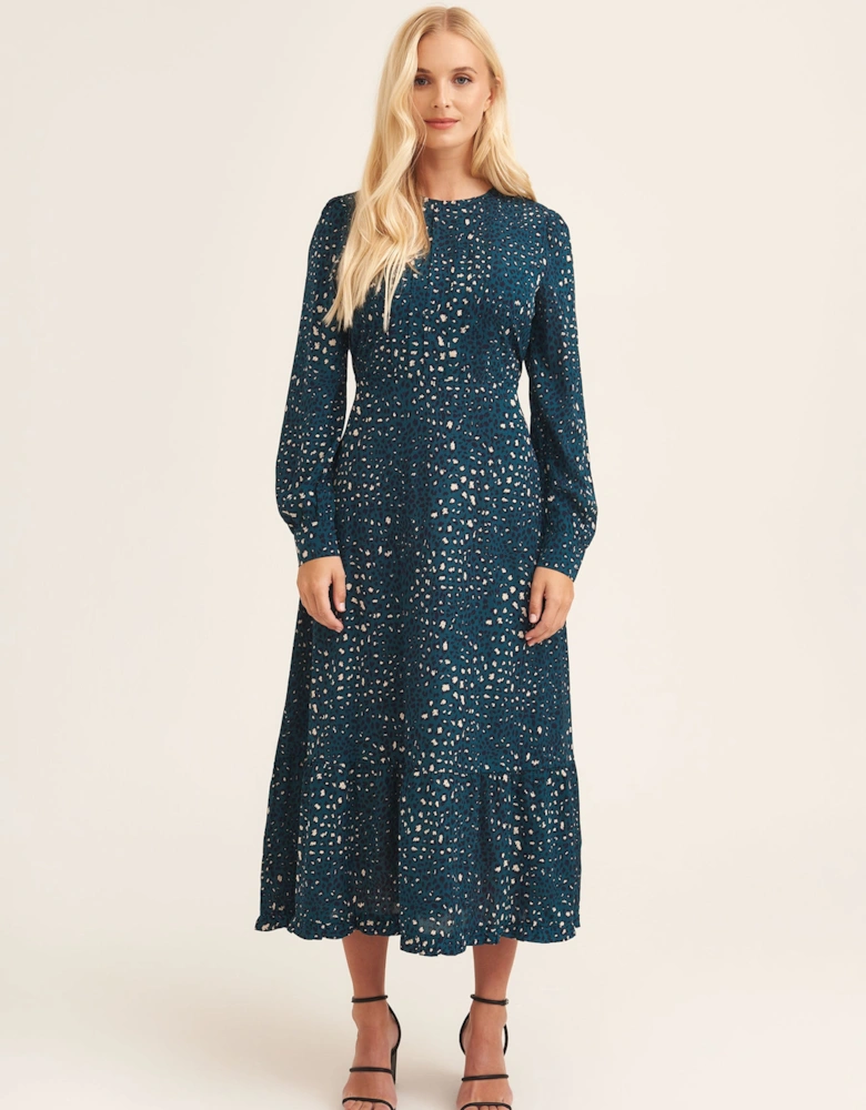 Green Animal Print Long Sleeve Midaxi Dress