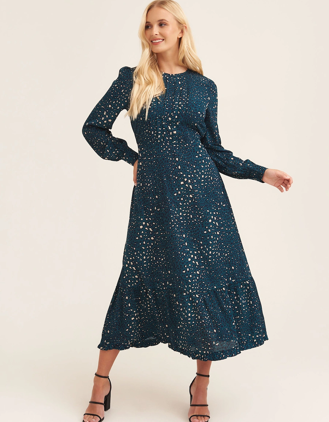 Green Animal Print Long Sleeve Midaxi Dress