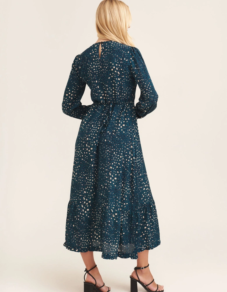 Green Animal Print Long Sleeve Midaxi Dress