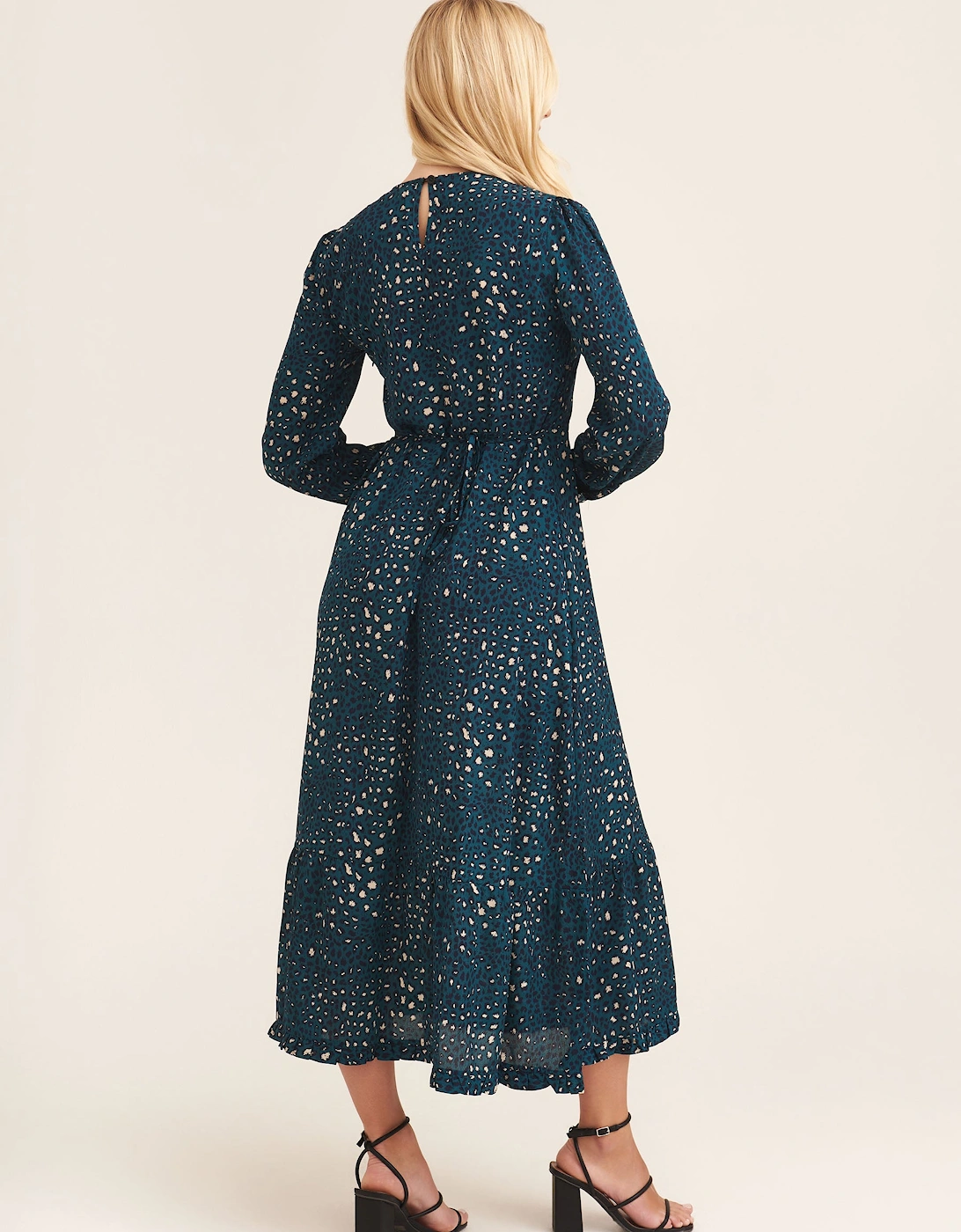 Green Animal Print Long Sleeve Midaxi Dress