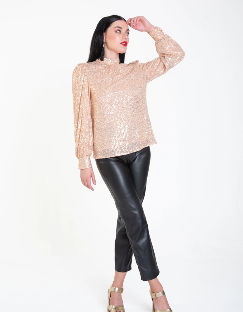 Champagne Sequin High Neck Loosefit Blouse