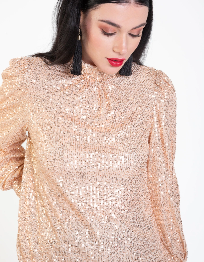 Champagne Sequin High Neck Loosefit Blouse