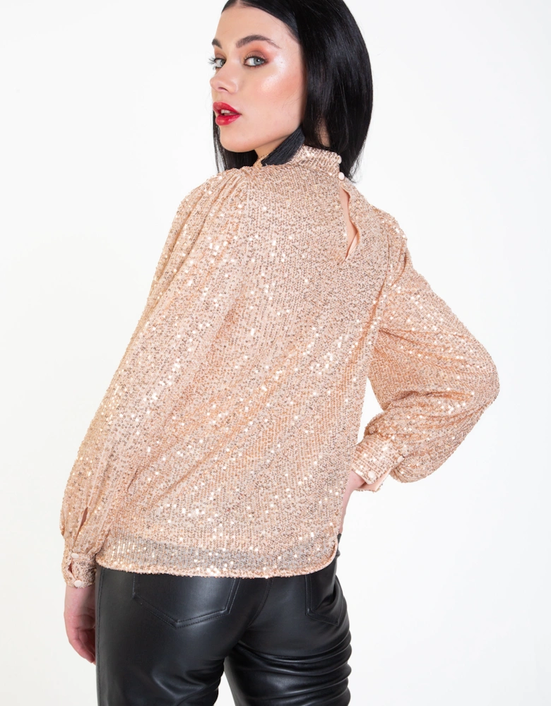 Champagne Sequin High Neck Loosefit Blouse