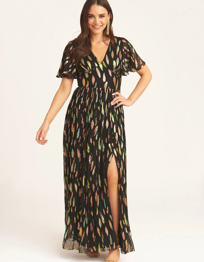 Black Multi Jacquard Angel Sleeves Maxi Dress