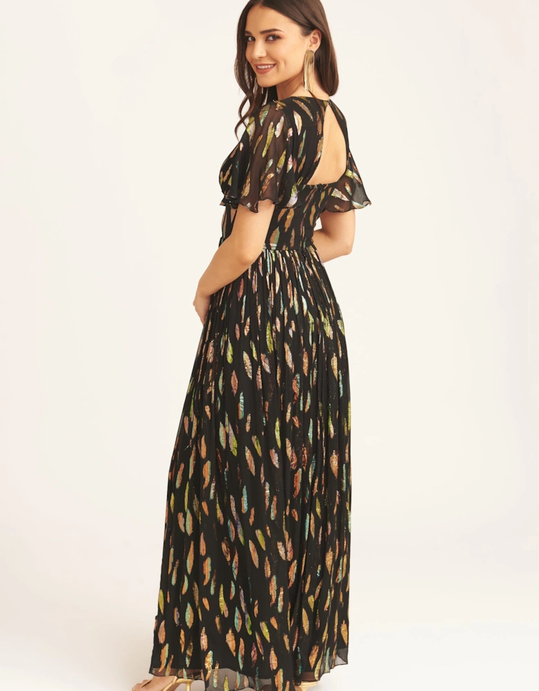 Black Multi Jacquard Angel Sleeves Maxi Dress