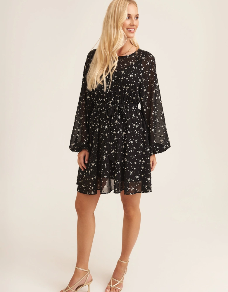 Black Star Print Long Sleeve Mini Dress