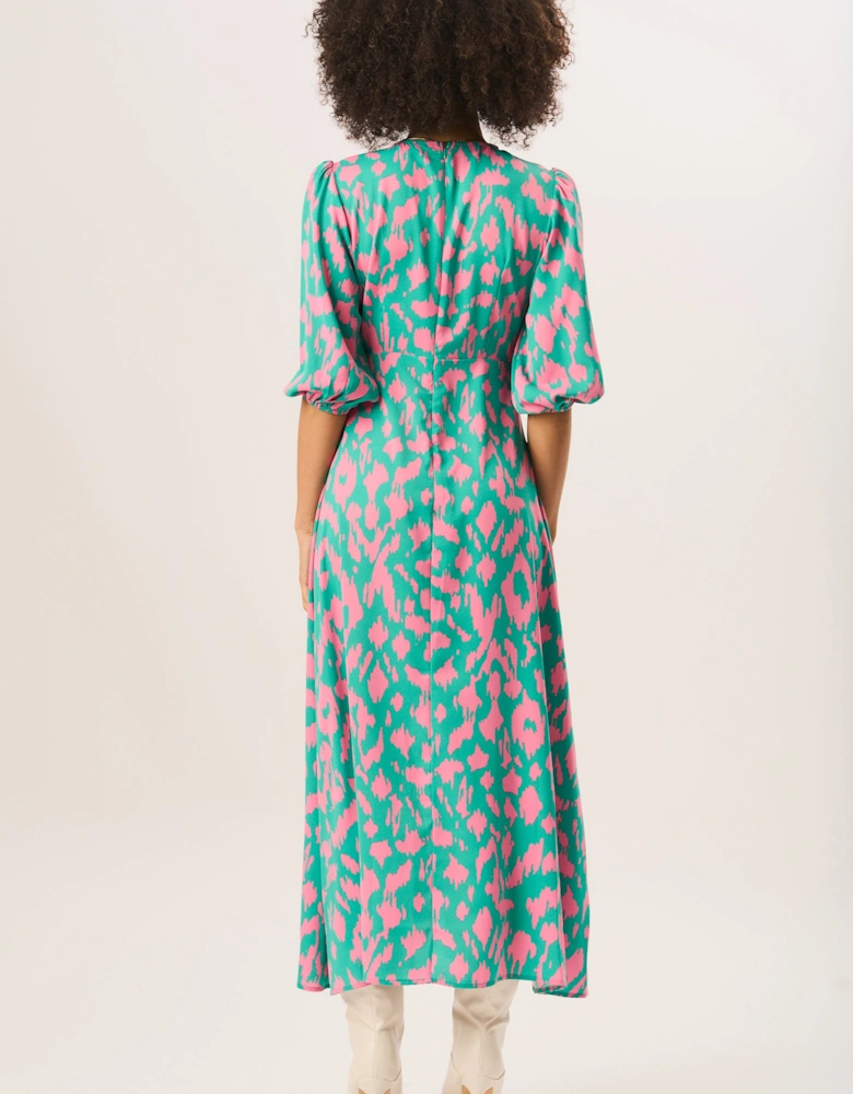 Green Animal Print V Neck Shift Midi Dress