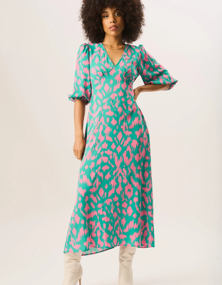 Green Animal Print V Neck Shift Midi Dress