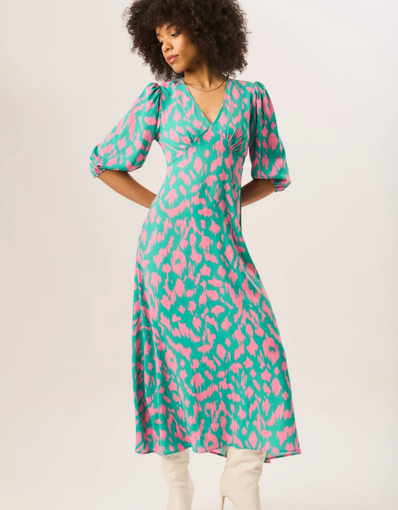 Green Animal Print V Neck Shift Midi Dress